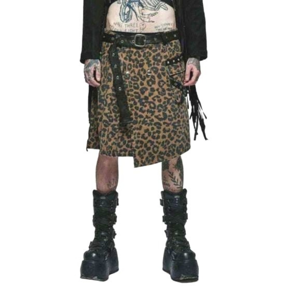 Punk Rave Leopard Print Kilt Mens Gothic Punk Cargo Pocket Asymmetric M